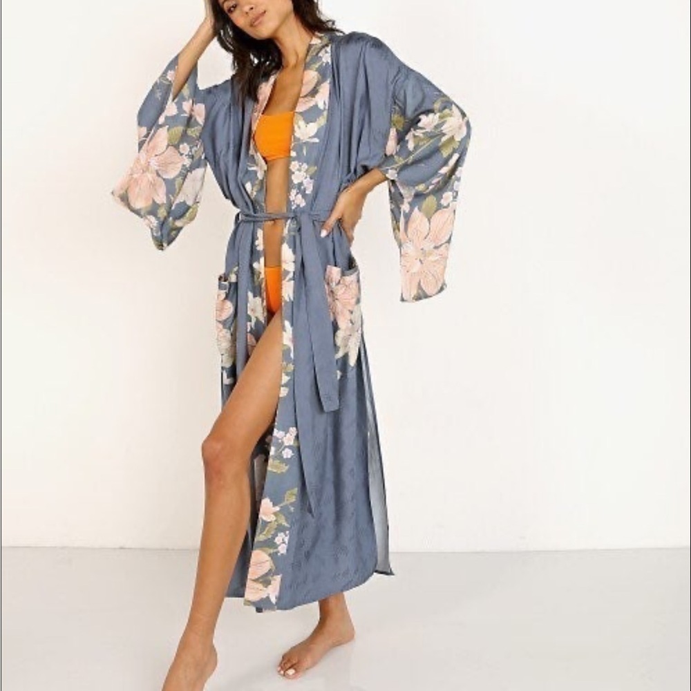 For Love Bell Waterfall Maxi Kimono Robe Deep Blue Medium